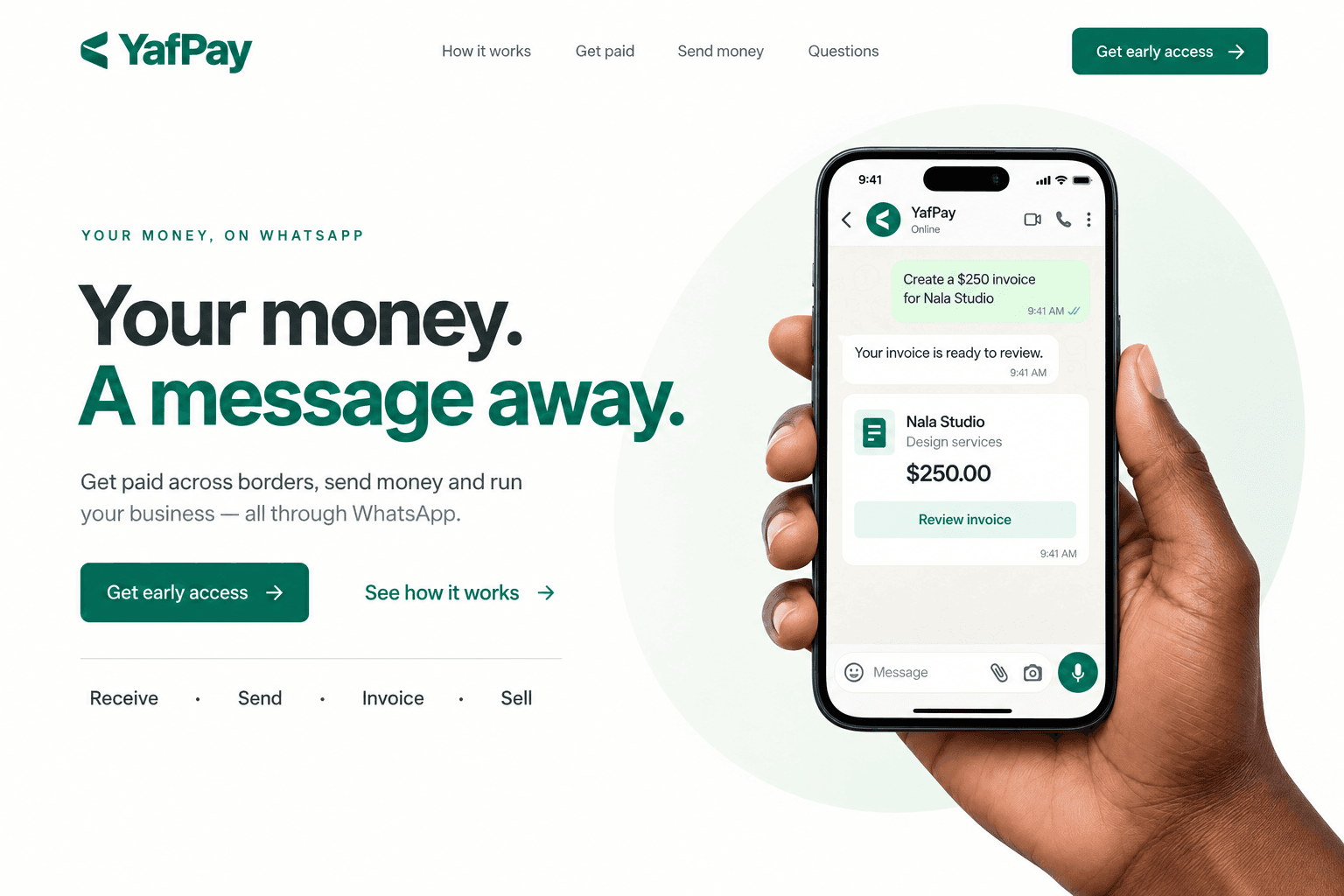 A hand holds an iPhone. Create a $250 invoice for Nala Studio. Your invoice is ready to review. Nala Studio, Design services, $250.00, Review invoice.
