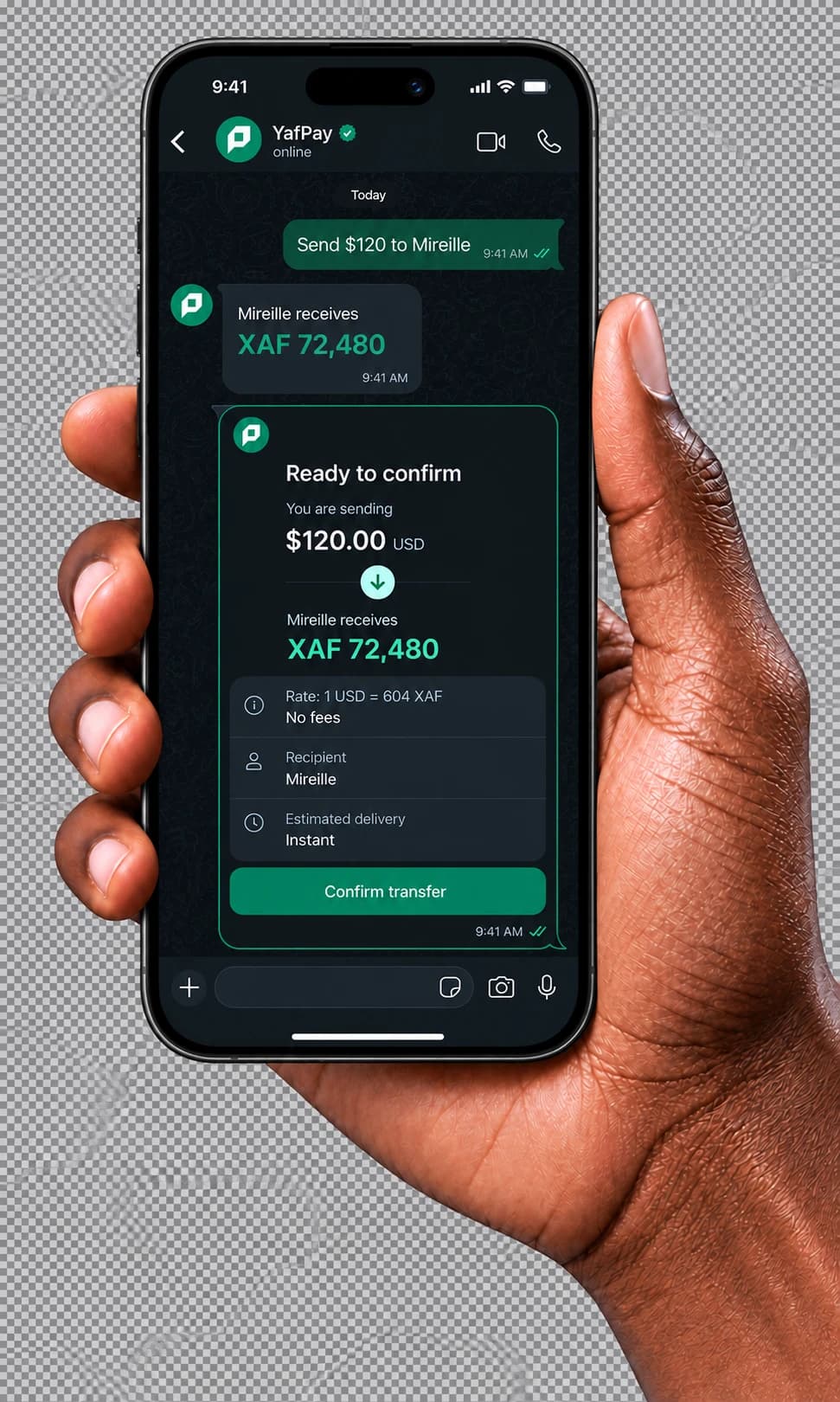 Hand holding an iPhone with a branded YafPay conversation